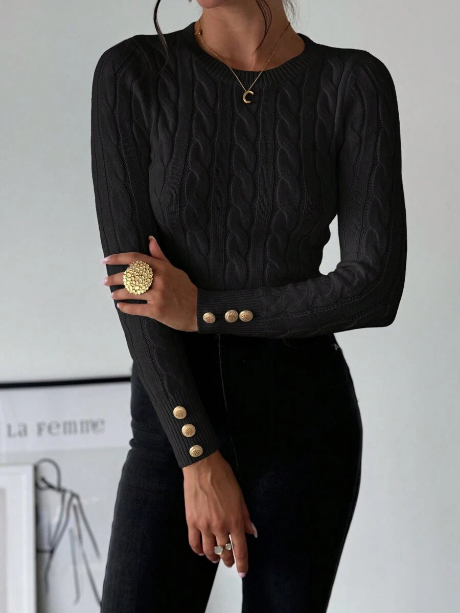 Nerissa Slim Cable Knit Sweater with Crew Neck and Button Detail - Black