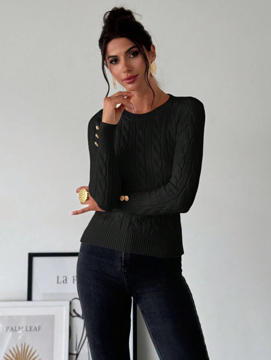 Nerissa Slim Cable Knit Sweater with Crew Neck and Button Detail - Black