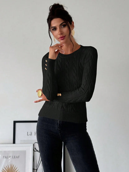 Nerissa Slim Cable Knit Sweater with Crew Neck and Button Detail - Black