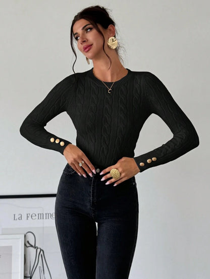Nerissa Slim Cable Knit Sweater with Crew Neck and Button Detail - Black