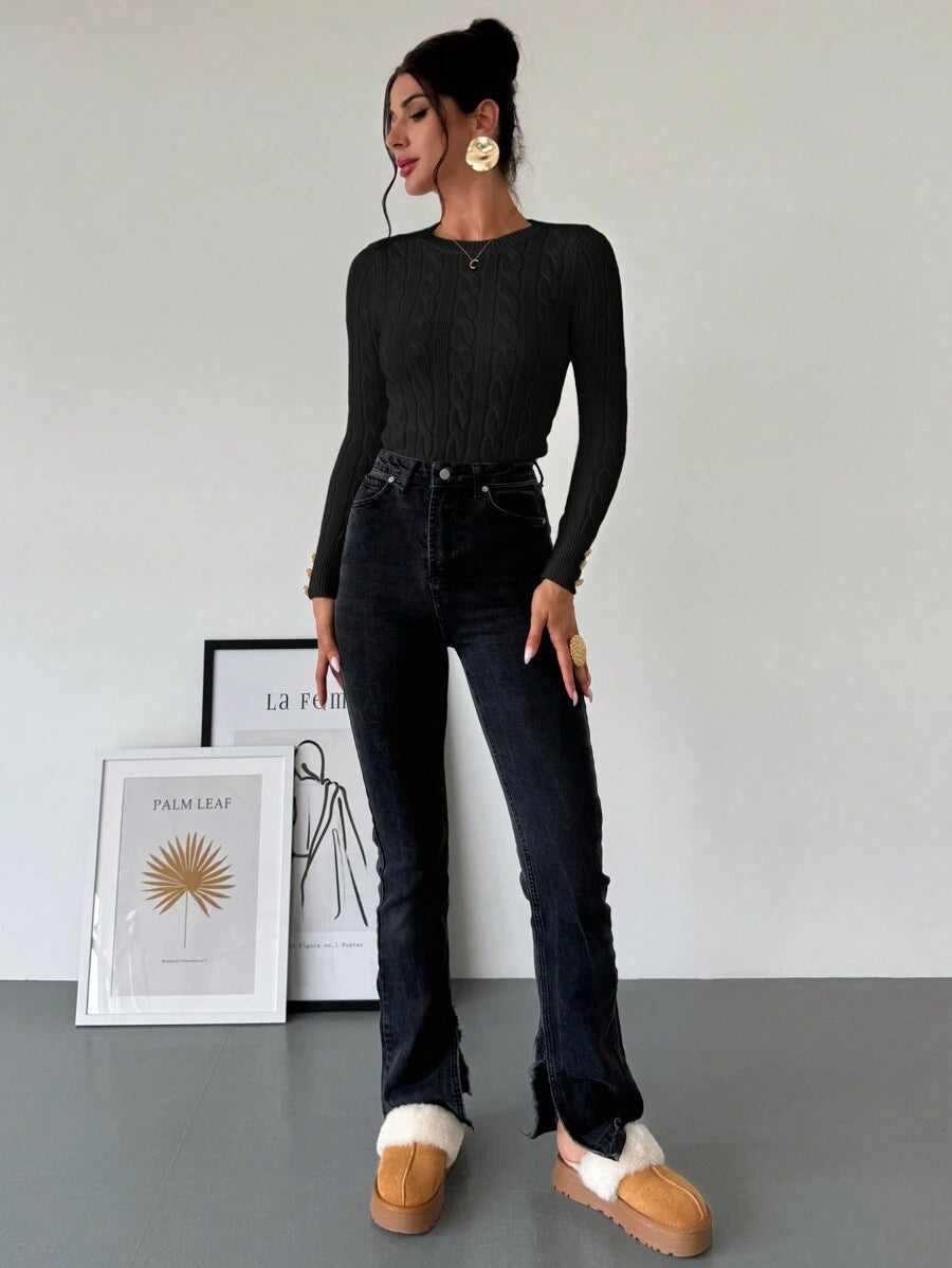 Nerissa Slim Cable Knit Sweater with Crew Neck and Button Detail - Black