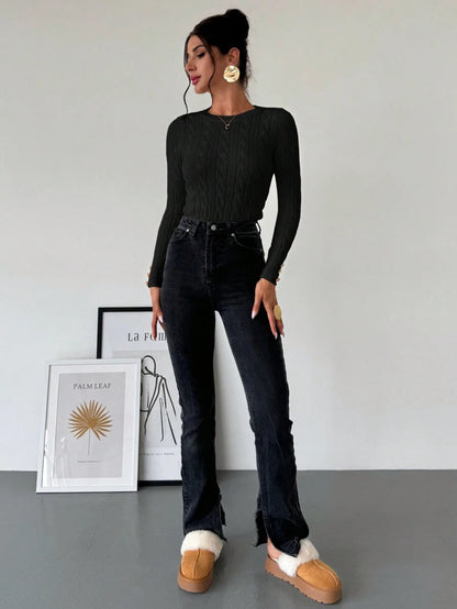 Nerissa Slim Cable Knit Sweater with Crew Neck and Button Detail - Black