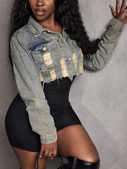 Hazel Distressed Crop Button Denim Jacket - Black