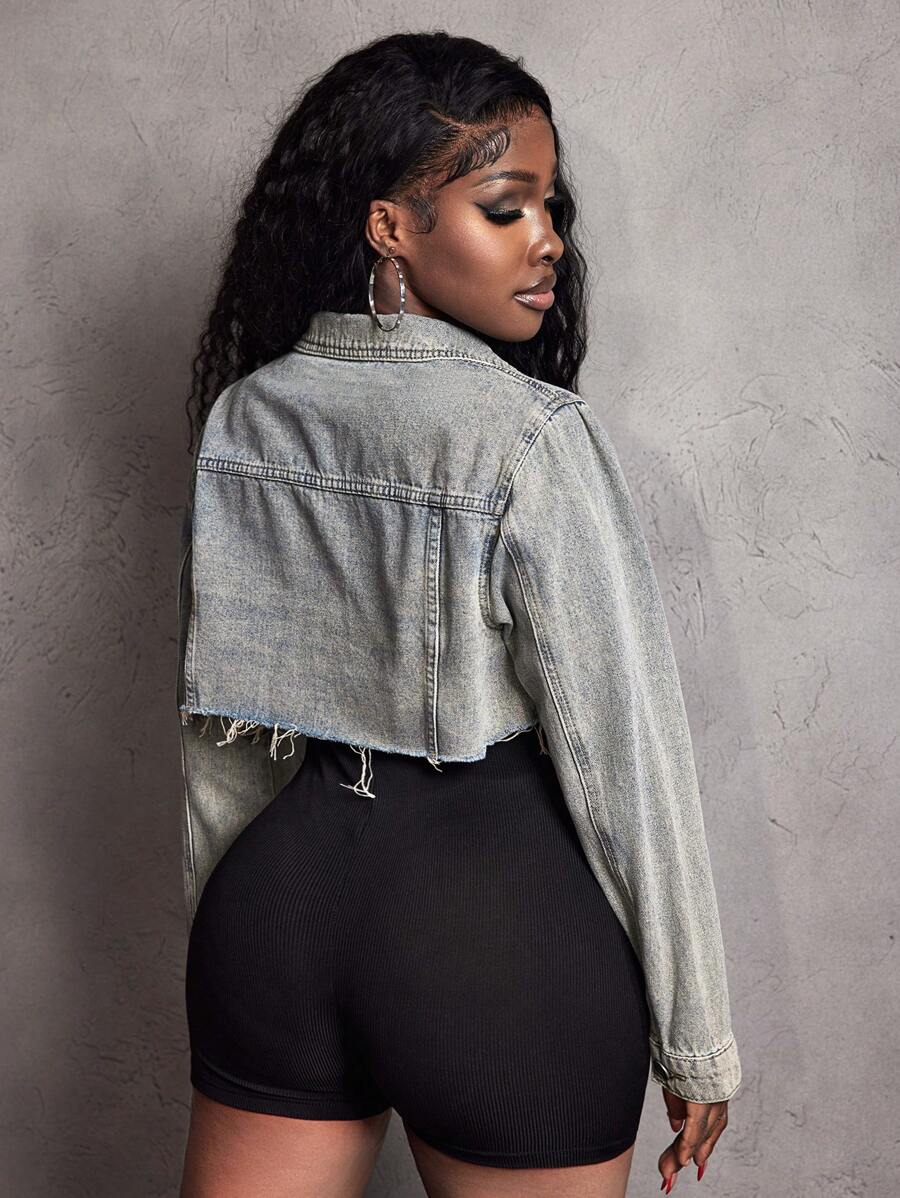 Hazel Distressed Crop Button Denim Jacket - Camel