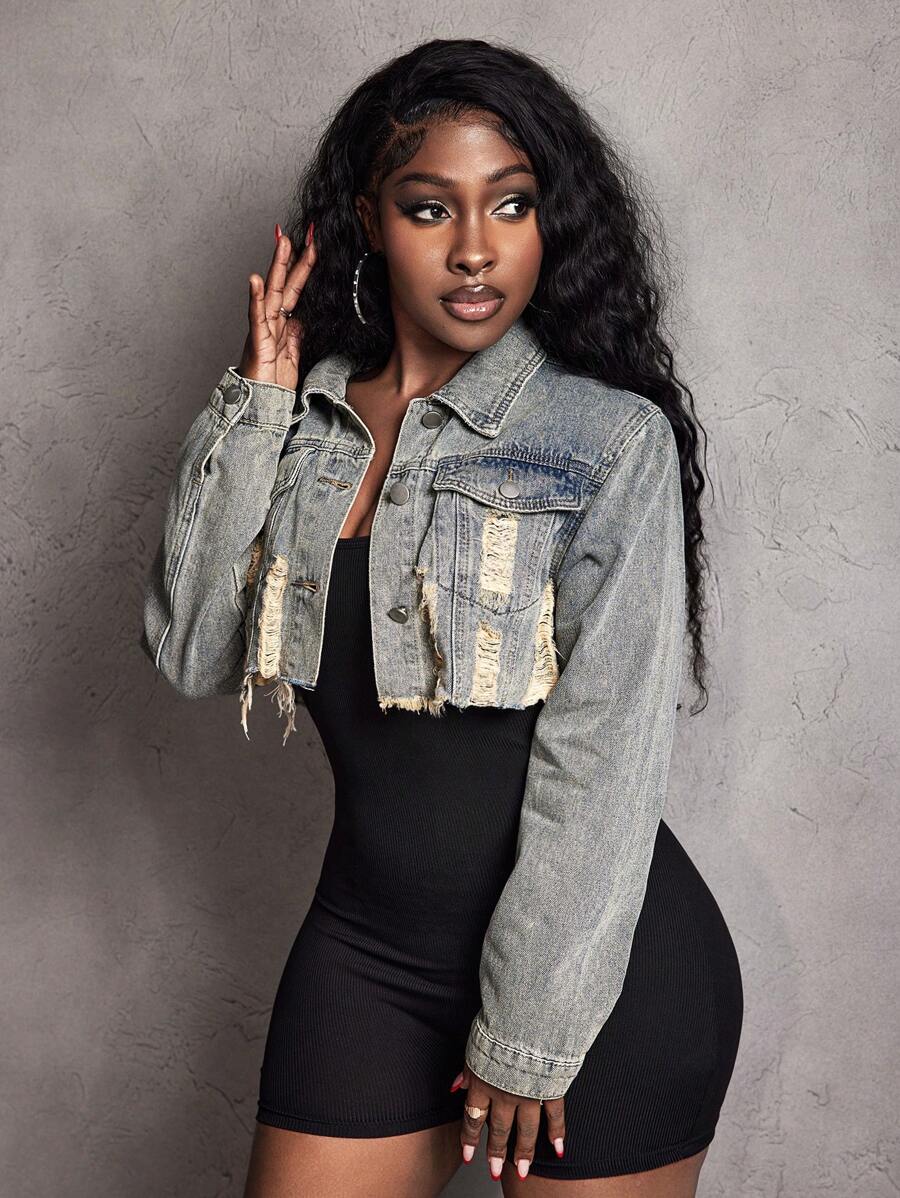 Hazel Distressed Crop Button Denim Jacket - Khaki