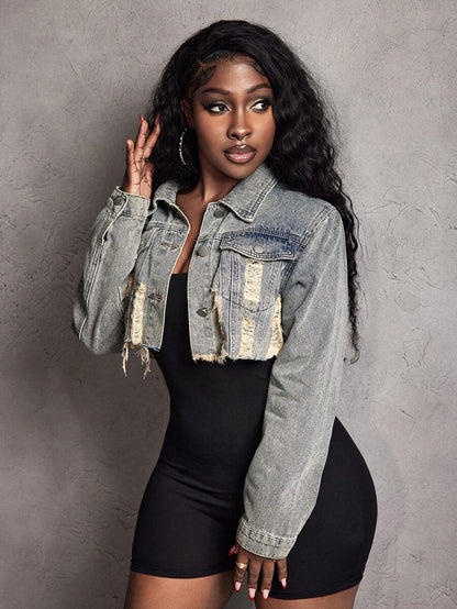 Hazel Distressed Crop Button Denim Jacket - Khaki