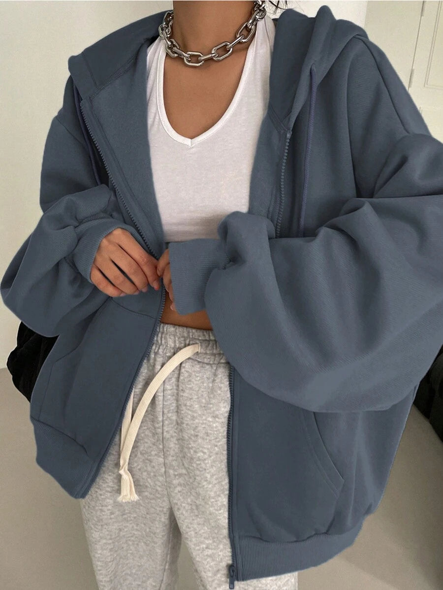 Eleanor Thermal Lined Zip Drawstring Hoodie - Dusty Blue