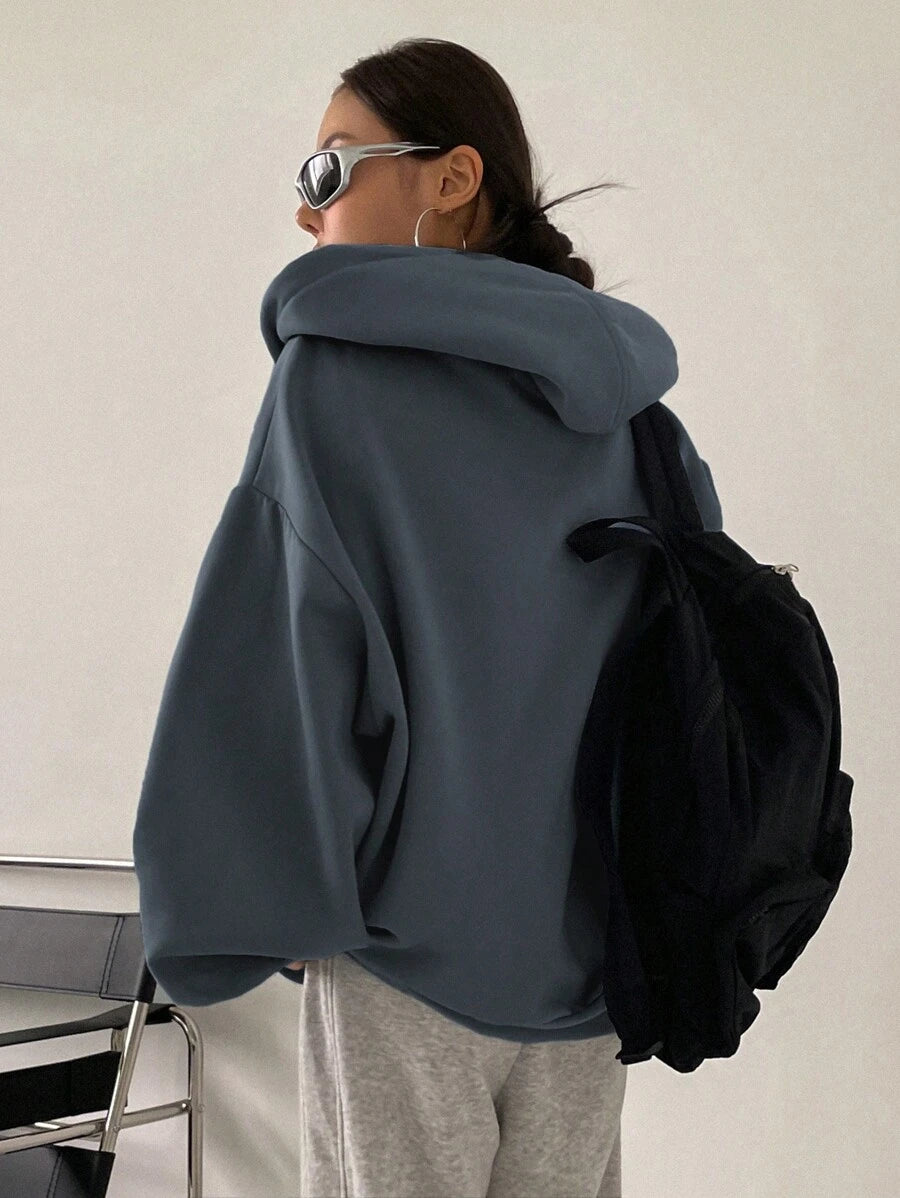 Eleanor Thermal Lined Zip Drawstring Hoodie - Navy Blue