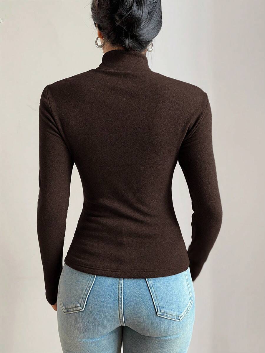 Aberdeen Fleece Lined Thermal Mock Neck Fitted Top - Brown