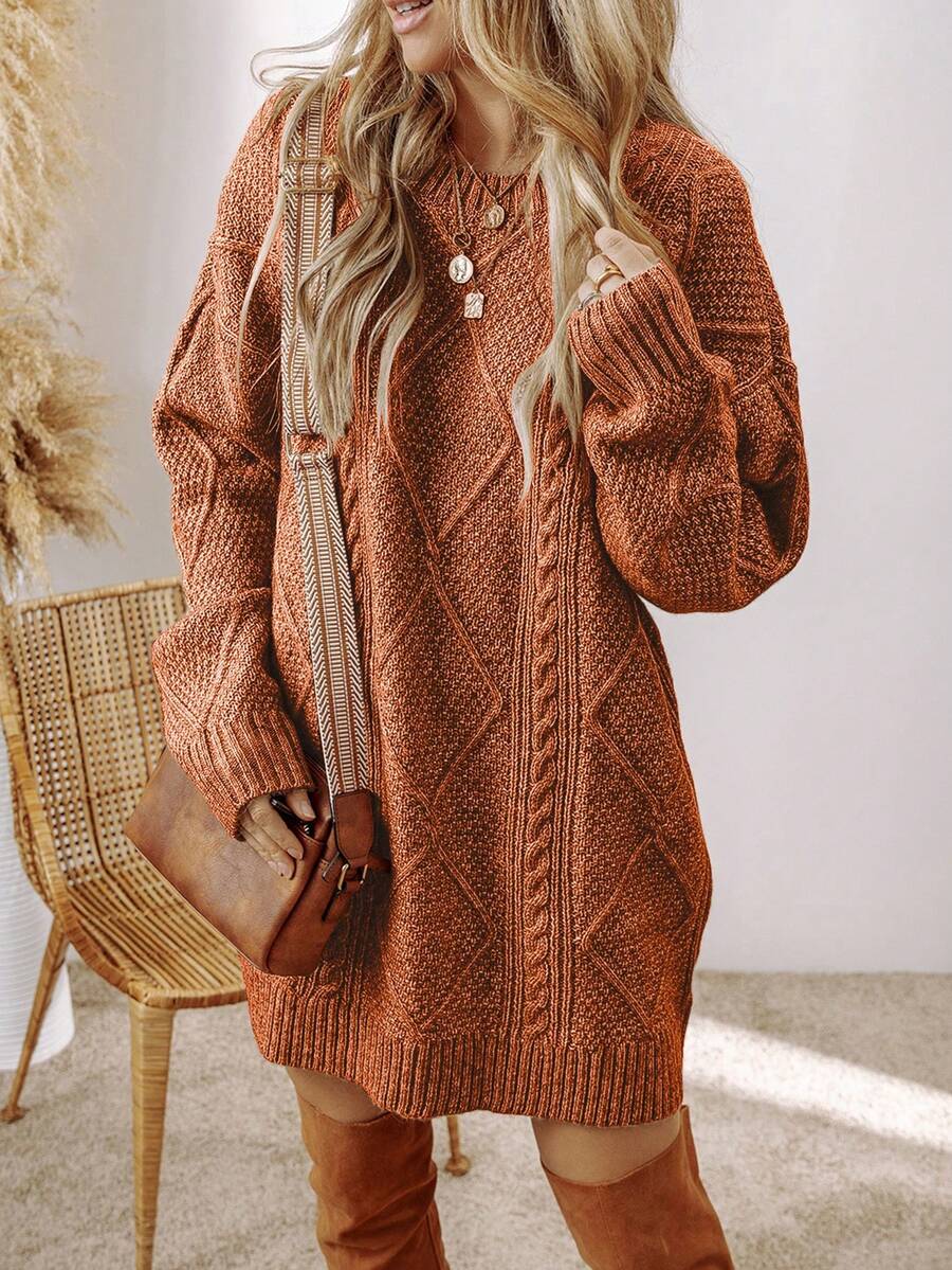Alina Oversized Cable Knit Sweater Dress - Apricot