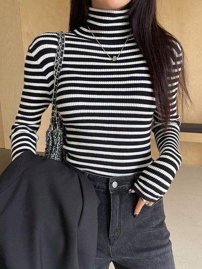 Tamsin Fitted Ribbed Turtleneck Sweater Long Sleeve Pullover - Black White Stripe