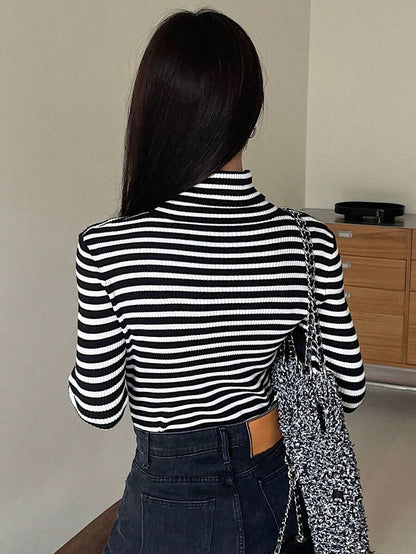 Tamsin Fitted Ribbed Turtleneck Sweater Long Sleeve Pullover - Black White Stripe