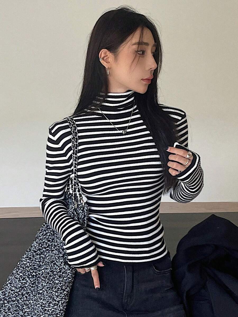 Tamsin Fitted Ribbed Turtleneck Sweater Long Sleeve Pullover - Black White Stripe