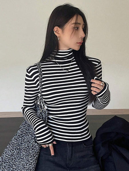 Tamsin Fitted Ribbed Turtleneck Sweater Long Sleeve Pullover - Black White Stripe
