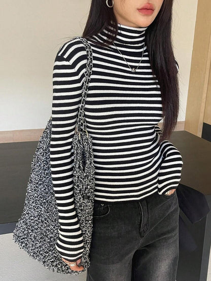 Tamsin Fitted Ribbed Turtleneck Sweater Long Sleeve Pullover - Black White Stripe