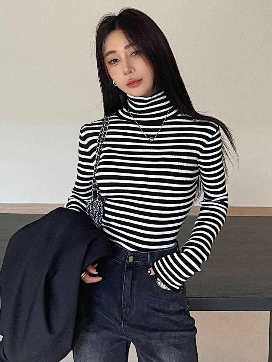 Tamsin Fitted Ribbed Turtleneck Sweater Long Sleeve Pullover - Black White Stripe