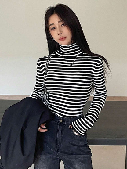 Tamsin Fitted Ribbed Turtleneck Sweater Long Sleeve Pullover - Black White Stripe