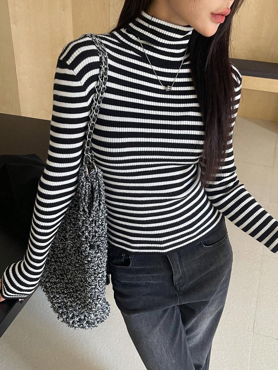 Tamsin Fitted Ribbed Turtleneck Sweater Long Sleeve Pullover - Black White Stripe