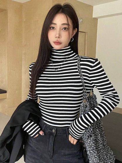 Tamsin Fitted Ribbed Turtleneck Sweater Long Sleeve Pullover - Black White Stripe