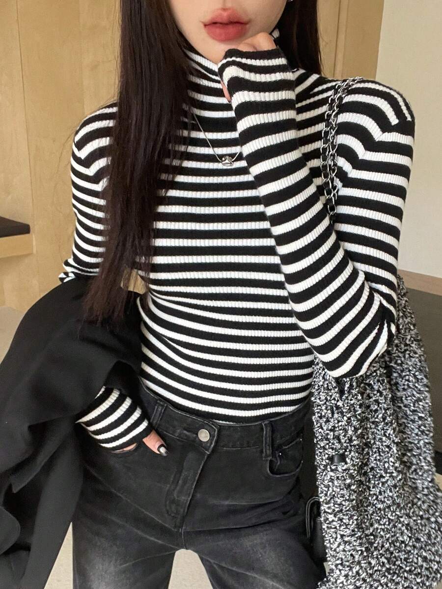 Tamsin Fitted Ribbed Turtleneck Sweater Long Sleeve Pullover - Black White Stripe