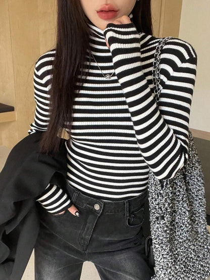 Tamsin Fitted Ribbed Turtleneck Sweater Long Sleeve Pullover - Black White Stripe