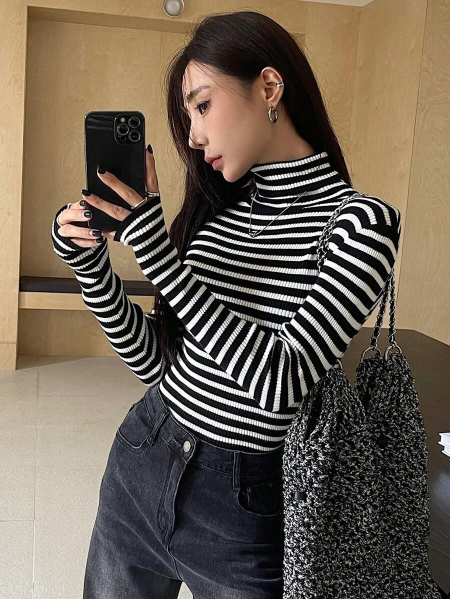 Tamsin Fitted Ribbed Turtleneck Sweater Long Sleeve Pullover - Black White Stripe