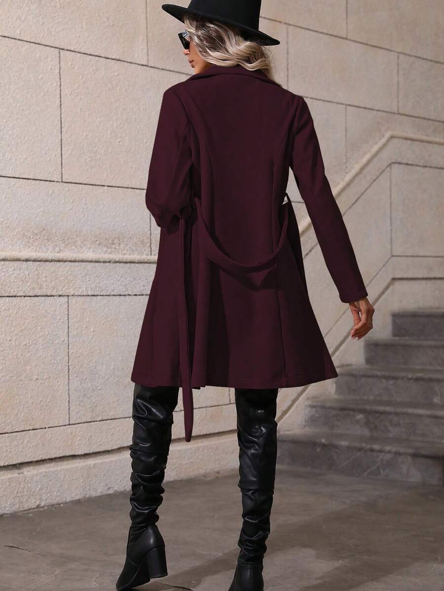 Dorothea Belted Double-Breasted Coat with Flared Hem - Black