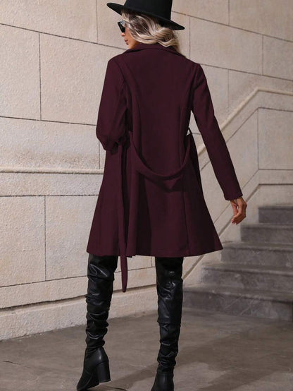 Dorothea Belted Double-Breasted Coat with Flared Hem - Black