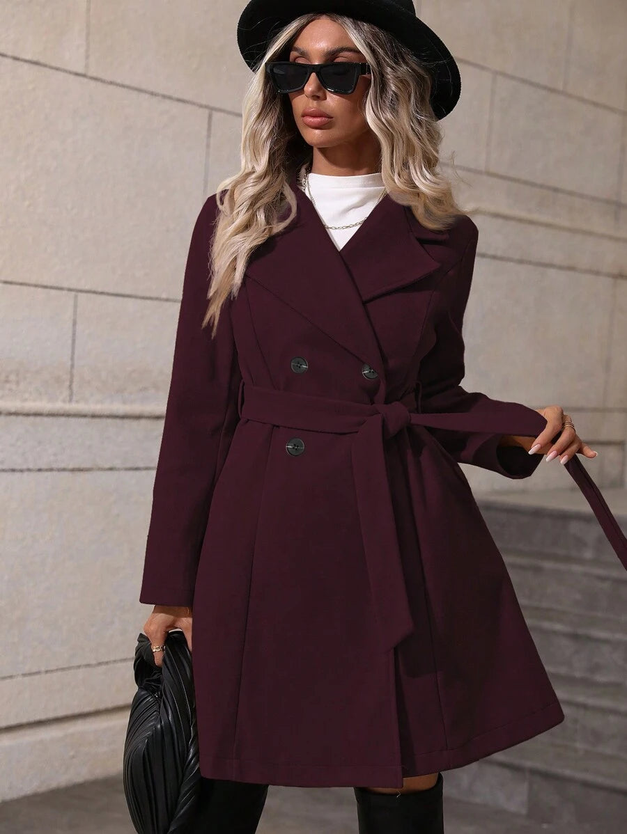 Dorothea Belted Double-Breasted Coat with Flared Hem - Red