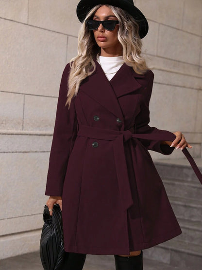 Dorothea Belted Double-Breasted Coat with Flared Hem - Red