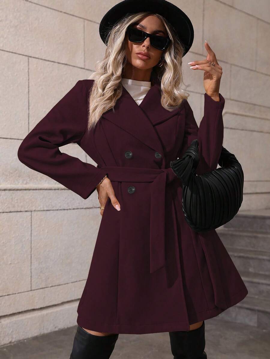 Dorothea Belted Double-Breasted Coat with Flared Hem - Burgundy