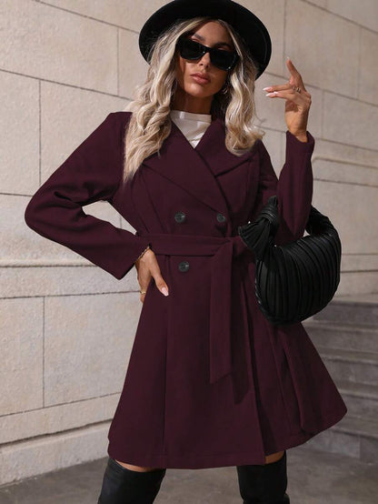 Dorothea Belted Double-Breasted Coat with Flared Hem - Burgundy
