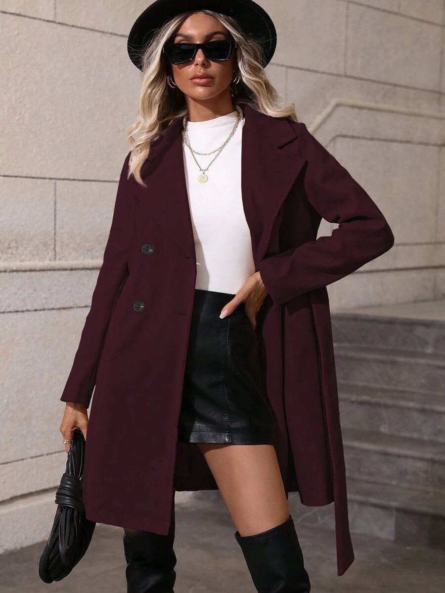 Dorothea Belted Double-Breasted Coat with Flared Hem - Black