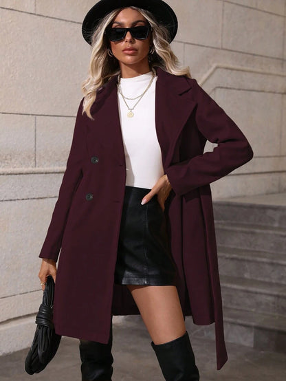 Dorothea Belted Double-Breasted Coat with Flared Hem - Black