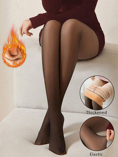 Elara Fleece Lined Leggings Sheer Look Footed Thermal Tights - Sheer Cocoa