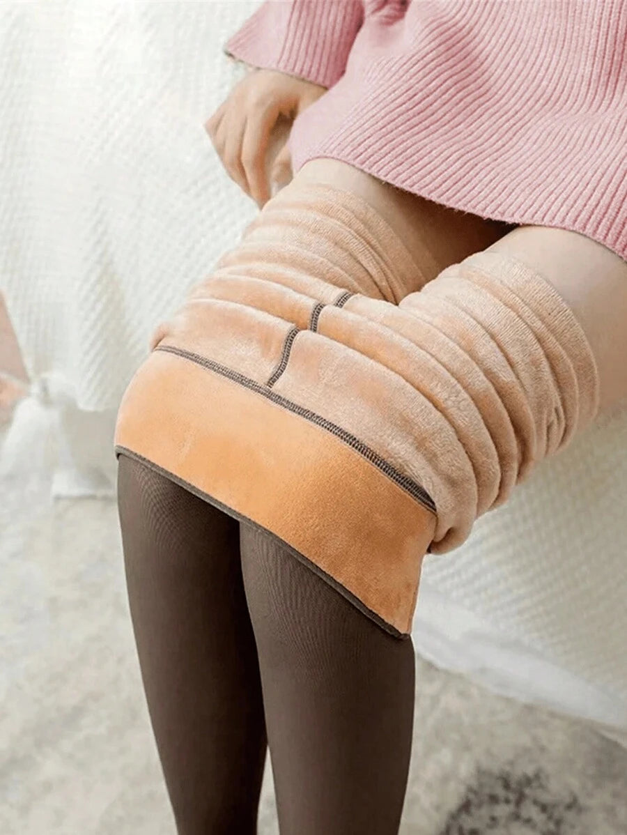 Elara Fleece Lined Leggings Sheer Look Footed Thermal Tights - Sheer Cocoa