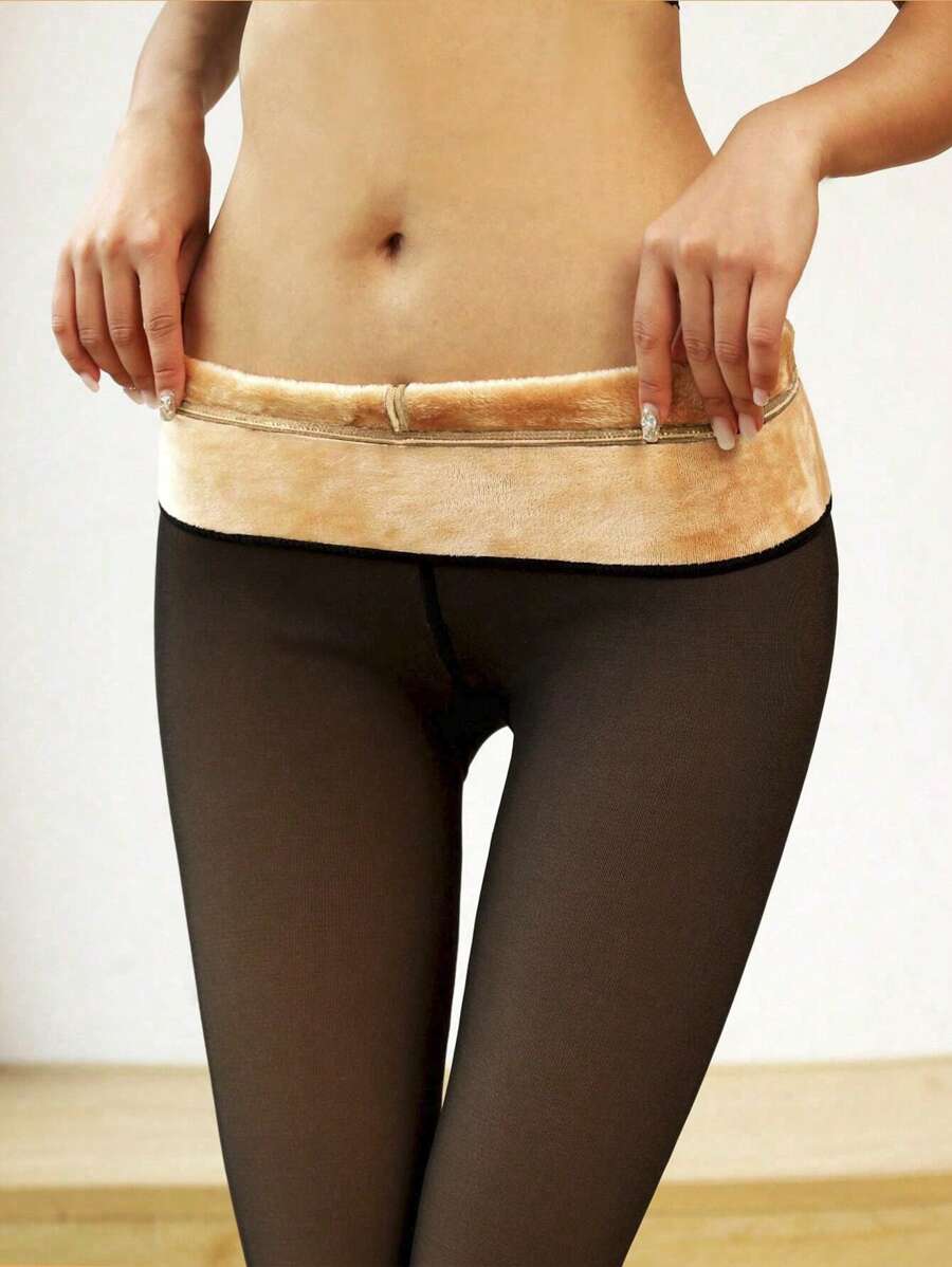 Elara Fleece Lined Leggings Sheer Look Footed Thermal Tights - Sheer Cocoa