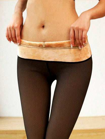 Elara Fleece Lined Leggings Sheer Look Footed Thermal Tights - Sheer Cocoa