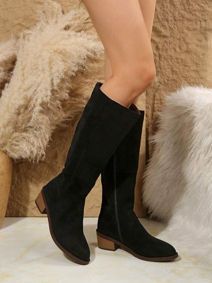 Fall/Winter Plus Size Women's Suede Brown Knee-High Boots With Side Zipper And Chunky Heel,Cowboy Boots Mensa