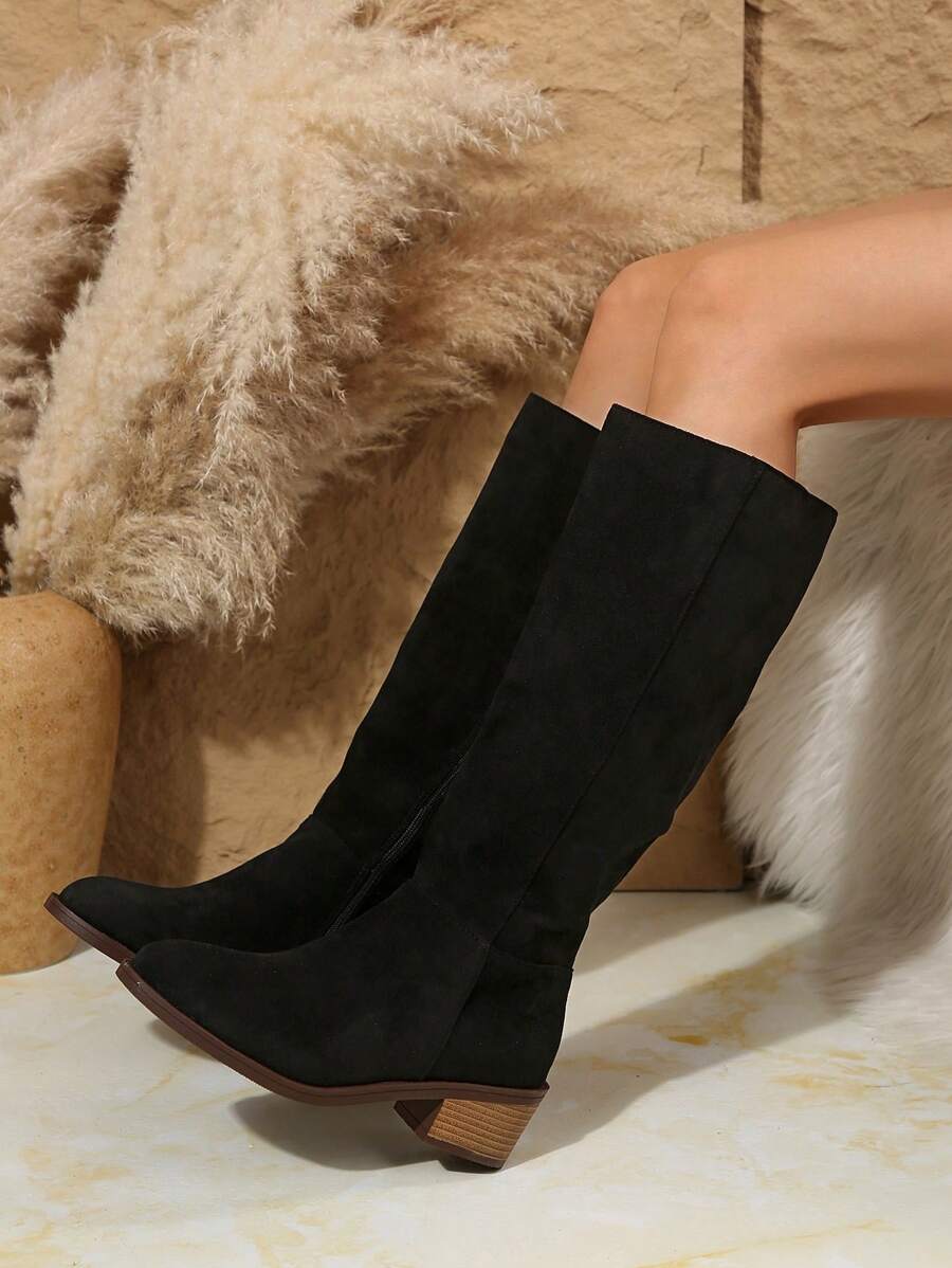 Fall/Winter Plus Size Women's Suede Brown Knee-High Boots With Side Zipper And Chunky Heel,Cowboy Boots Mensa