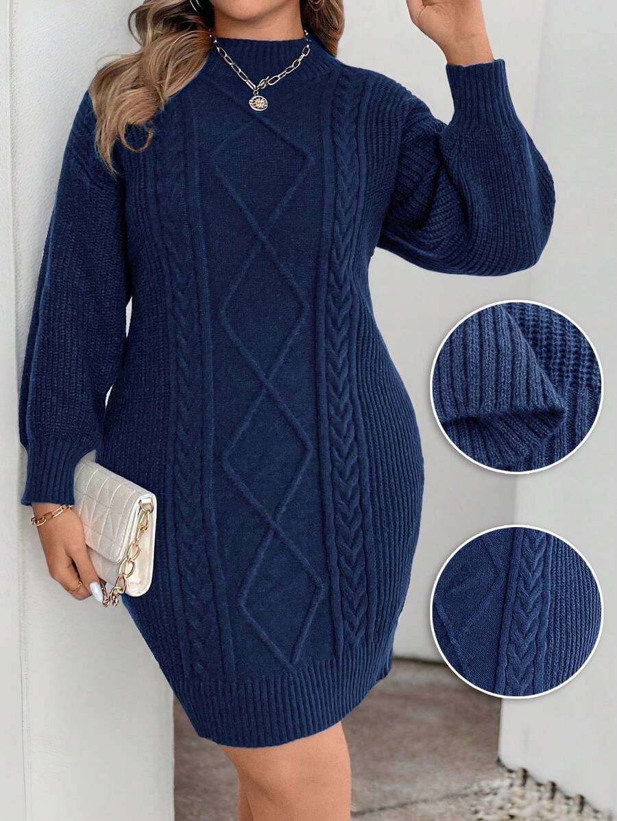 Adele Cable Knit Mock Neck Long Sleeve Mini Sweater Dress - Navy Blue