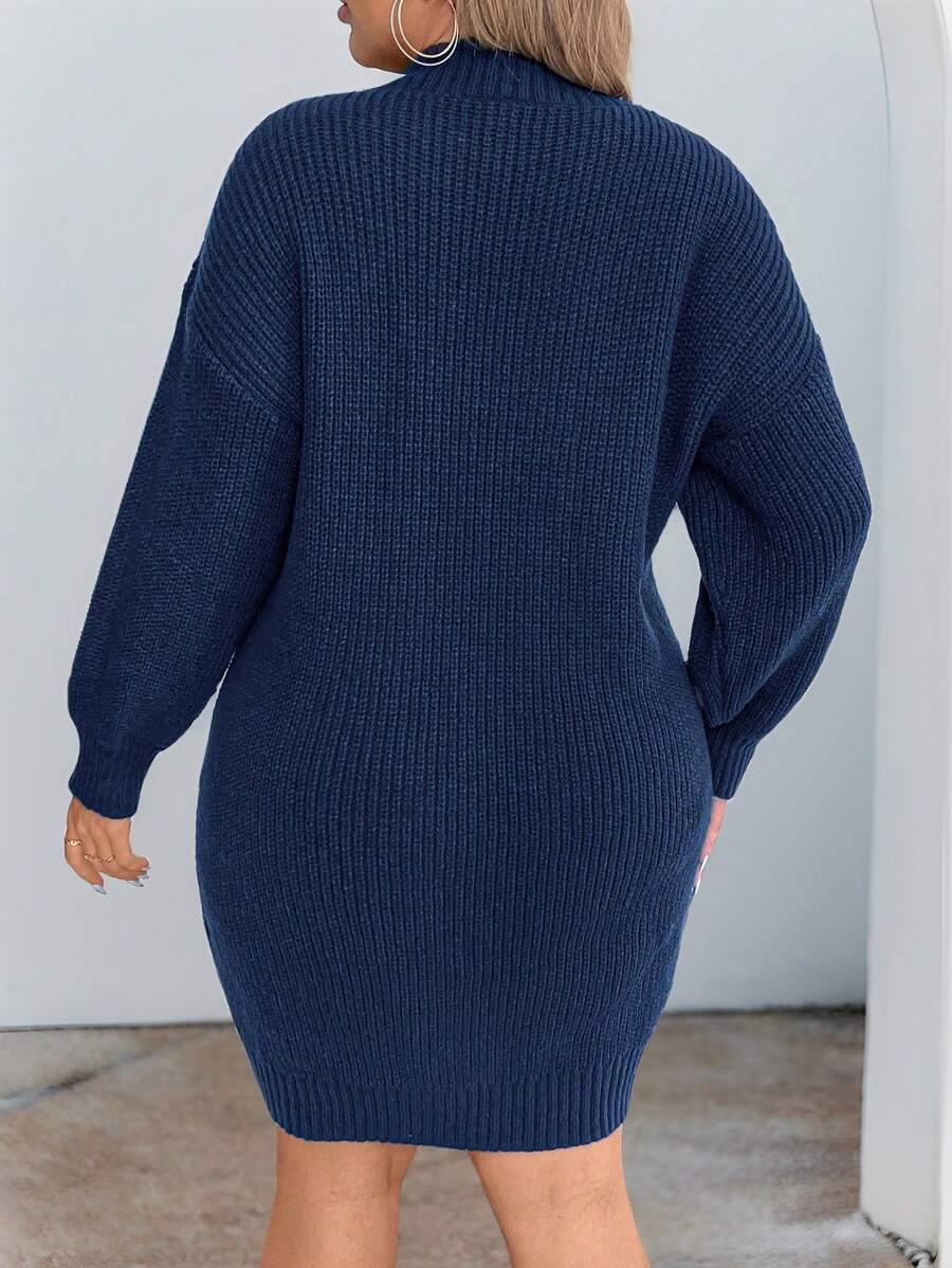 Adele Cable Knit Mock Neck Long Sleeve Mini Sweater Dress - Navy Blue