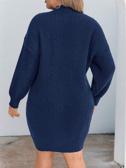 Adele Cable Knit Mock Neck Long Sleeve Mini Sweater Dress - Navy Blue