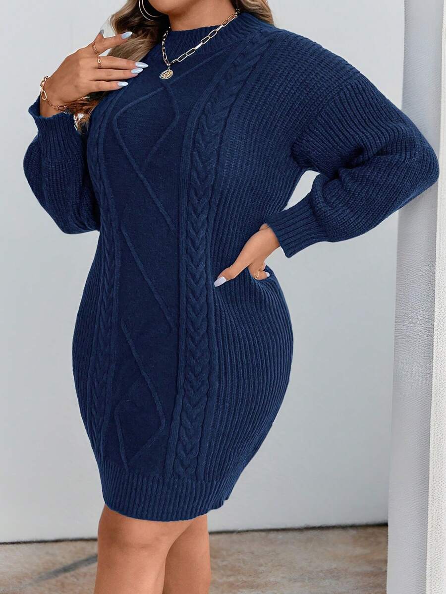 Adele Cable Knit Mock Neck Long Sleeve Mini Sweater Dress - Navy Blue