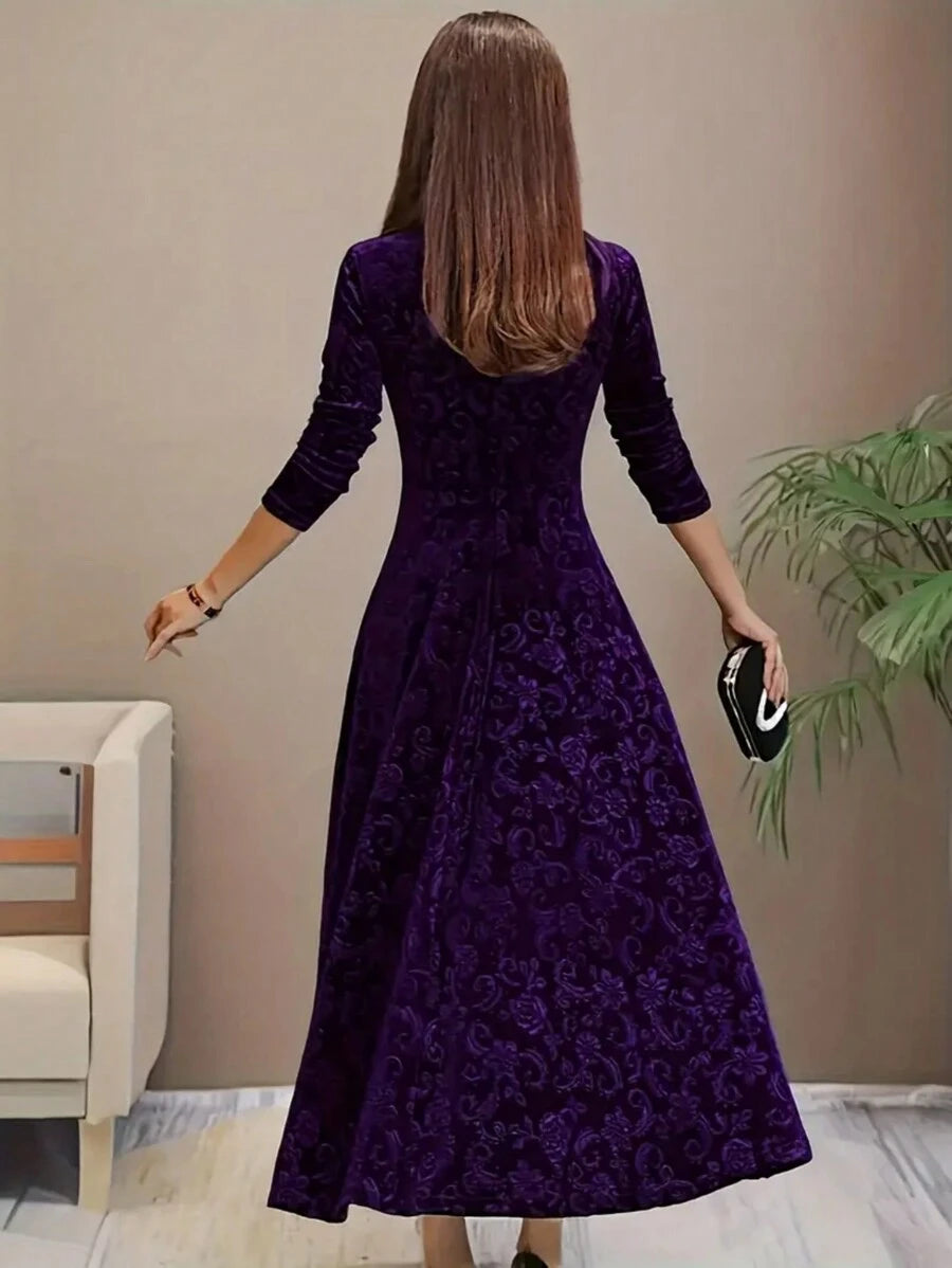 Istanbul Floral Velvet Square Neck A Line Midi Dress