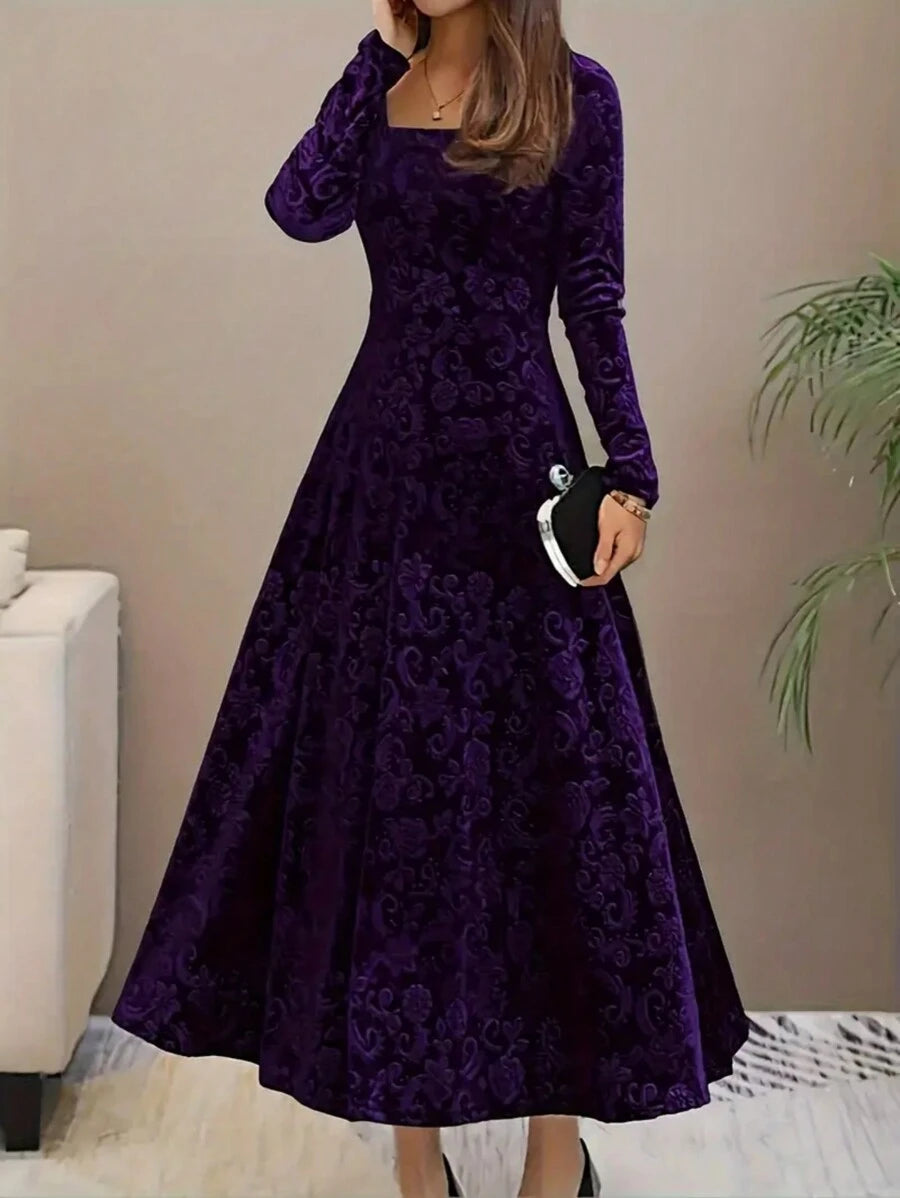 Istanbul Floral Velvet Square Neck A Line Midi Dress - Purple