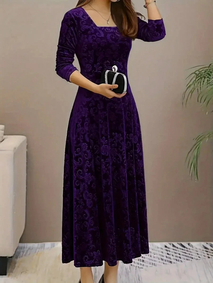 Istanbul Floral Velvet Square Neck A Line Midi Dress