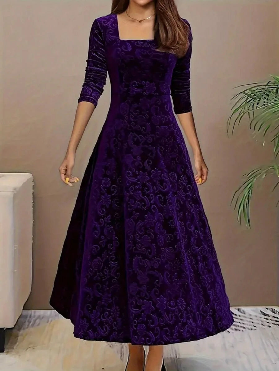 Istanbul Floral Velvet Square Neck A Line Midi Dress