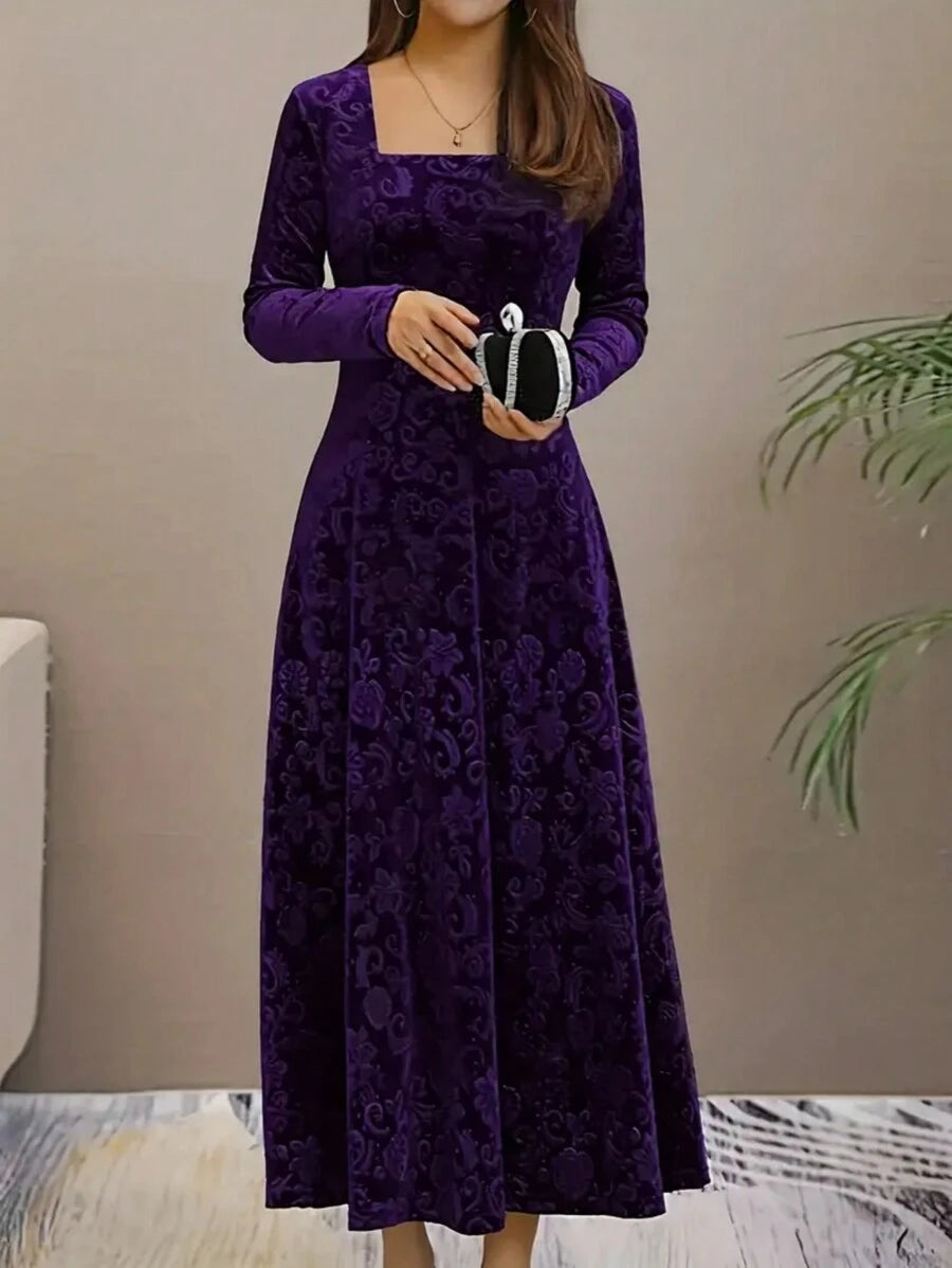 Istanbul Floral Velvet Square Neck A Line Midi Dress