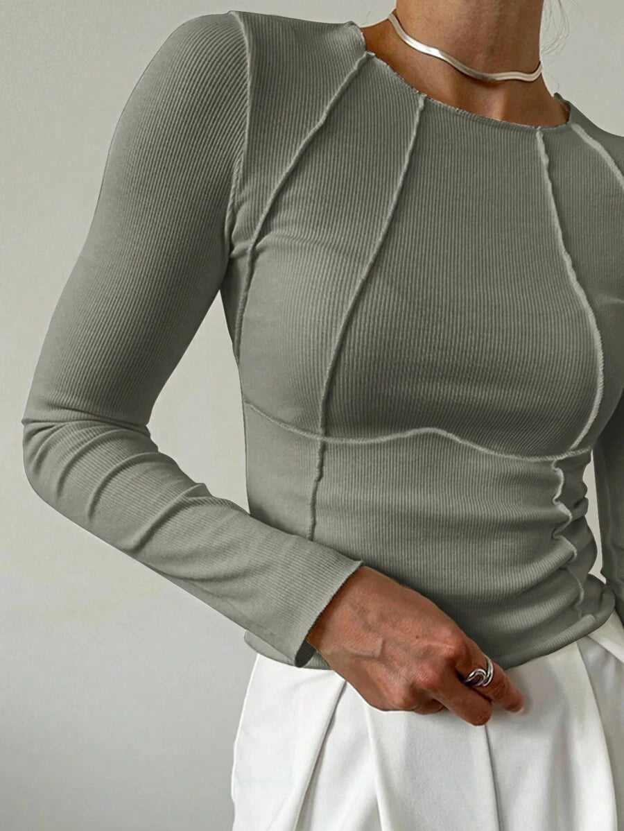 Evelina Seam Detail Ribbed Slim Fit Long Sleeve Knit Top - Sage Green